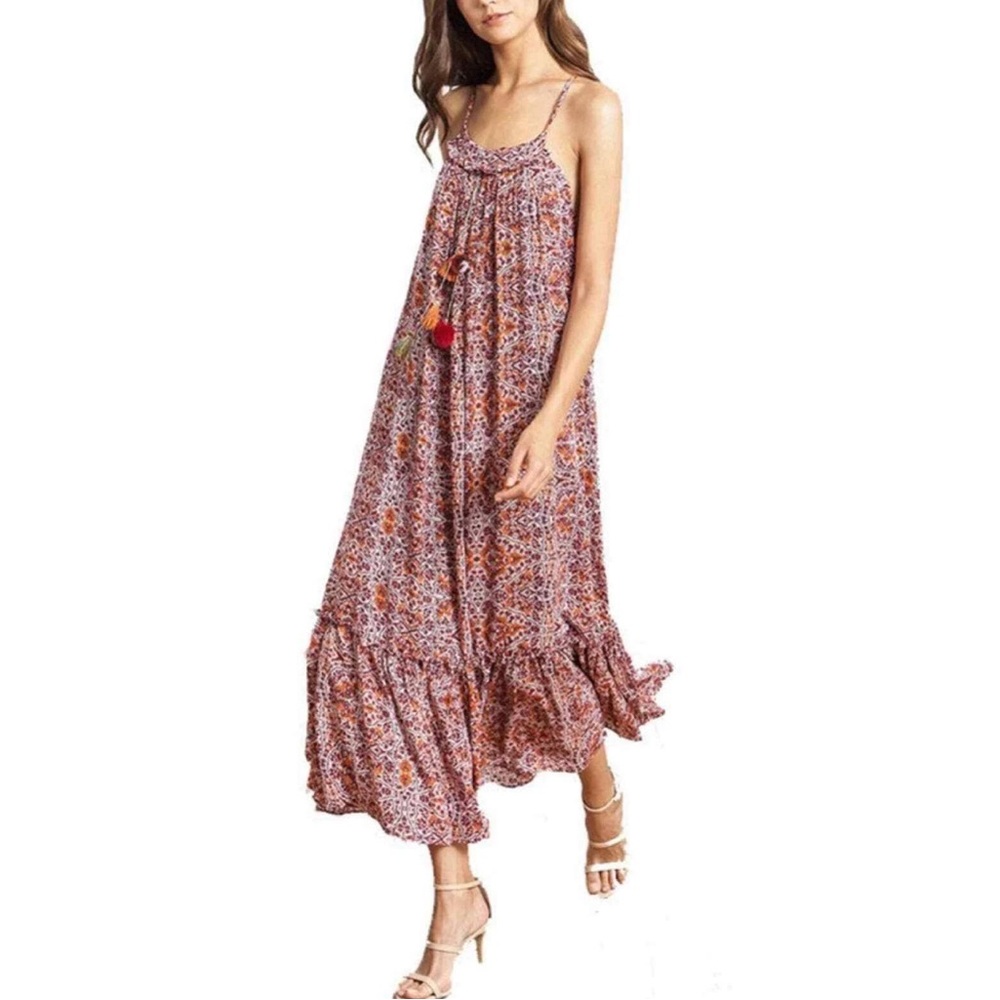 Misa Thale Marseille Print Pom Pom Tassel Floral Paisley Ruffle Maxi Dress Sz XS